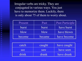 Irregular verbs are tricky. They are
conjugated in various ways. You just
have to memorize them. Luckily, there
is only about 75 of them to worry about.
Present
burst
blow
become

Past
burst
blew
became

Past Participle
have burst
have blown
have become

catch
see
drink

caught
saw
drank

have caught
have seen
have drunk

 