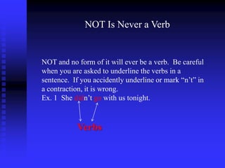 NOT Is Never a Verb

NOT and no form of it will ever be a verb. Be careful
when you are asked to underline the verbs in a
sentence. If you accidently underline or mark “n’t” in
a contraction, it is wrong.
Ex. 1 She didn’t go with us tonight.

Verbs

 