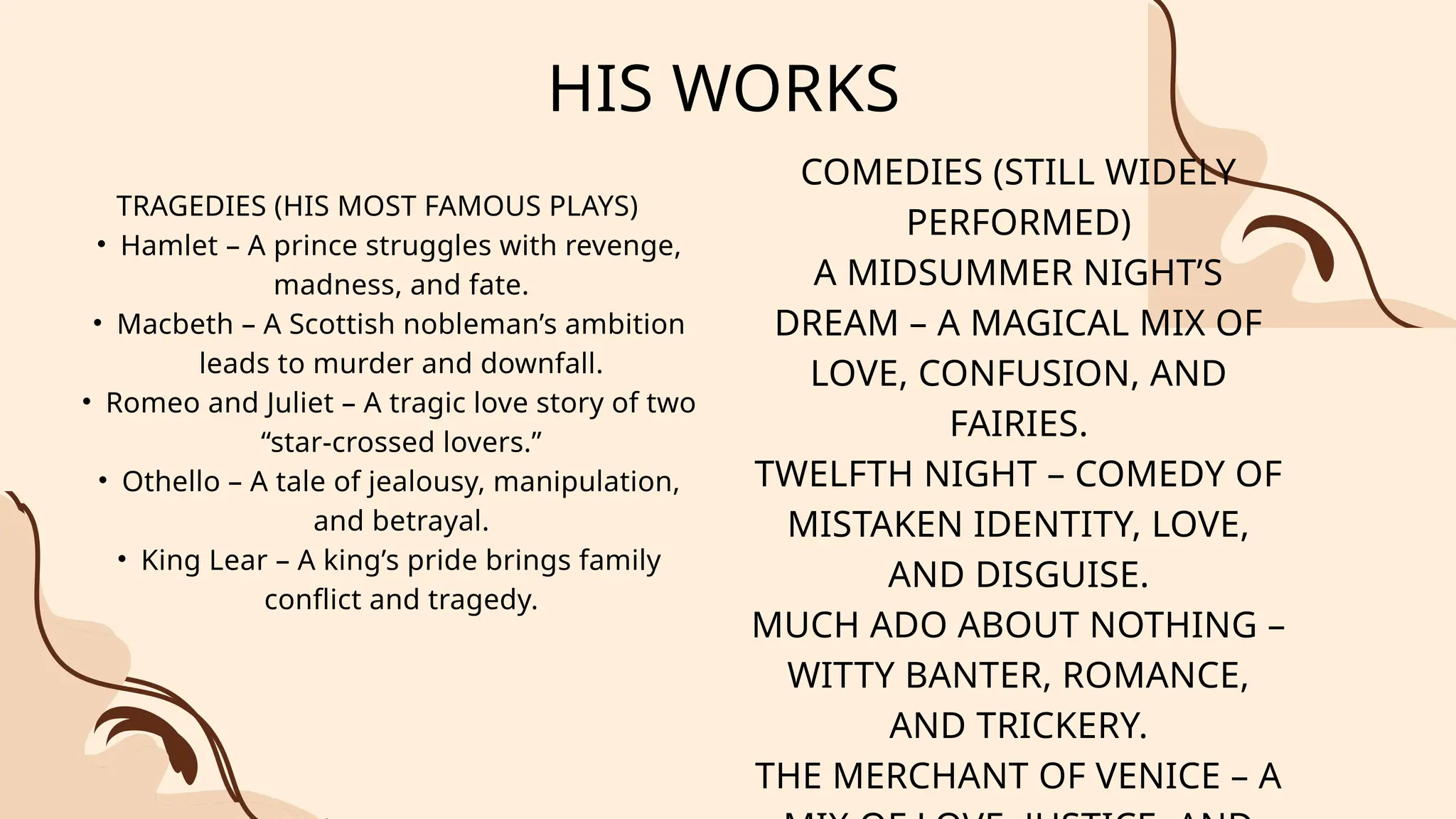 HIS WORKS
TRAGEDIES (HIS MOST FAMOUS PLAYS)
• Hamlet – A prince struggles with revenge,
madness, and fate.
• Macbeth – A Scottish nobleman’s ambition
leads to murder and downfall.
• Romeo and Juliet – A tragic love story of two
“star-crossed lovers.”
• Othello – A tale of jealousy, manipulation,
and betrayal.
• King Lear – A king’s pride brings family
conflict and tragedy.
COMEDIES (STILL WIDELY
PERFORMED)
A MIDSUMMER NIGHT’S
DREAM – A MAGICAL MIX OF
LOVE, CONFUSION, AND
FAIRIES.
TWELFTH NIGHT – COMEDY OF
MISTAKEN IDENTITY, LOVE,
AND DISGUISE.
MUCH ADO ABOUT NOTHING –
WITTY BANTER, ROMANCE,
AND TRICKERY.
THE MERCHANT OF VENICE – A
 