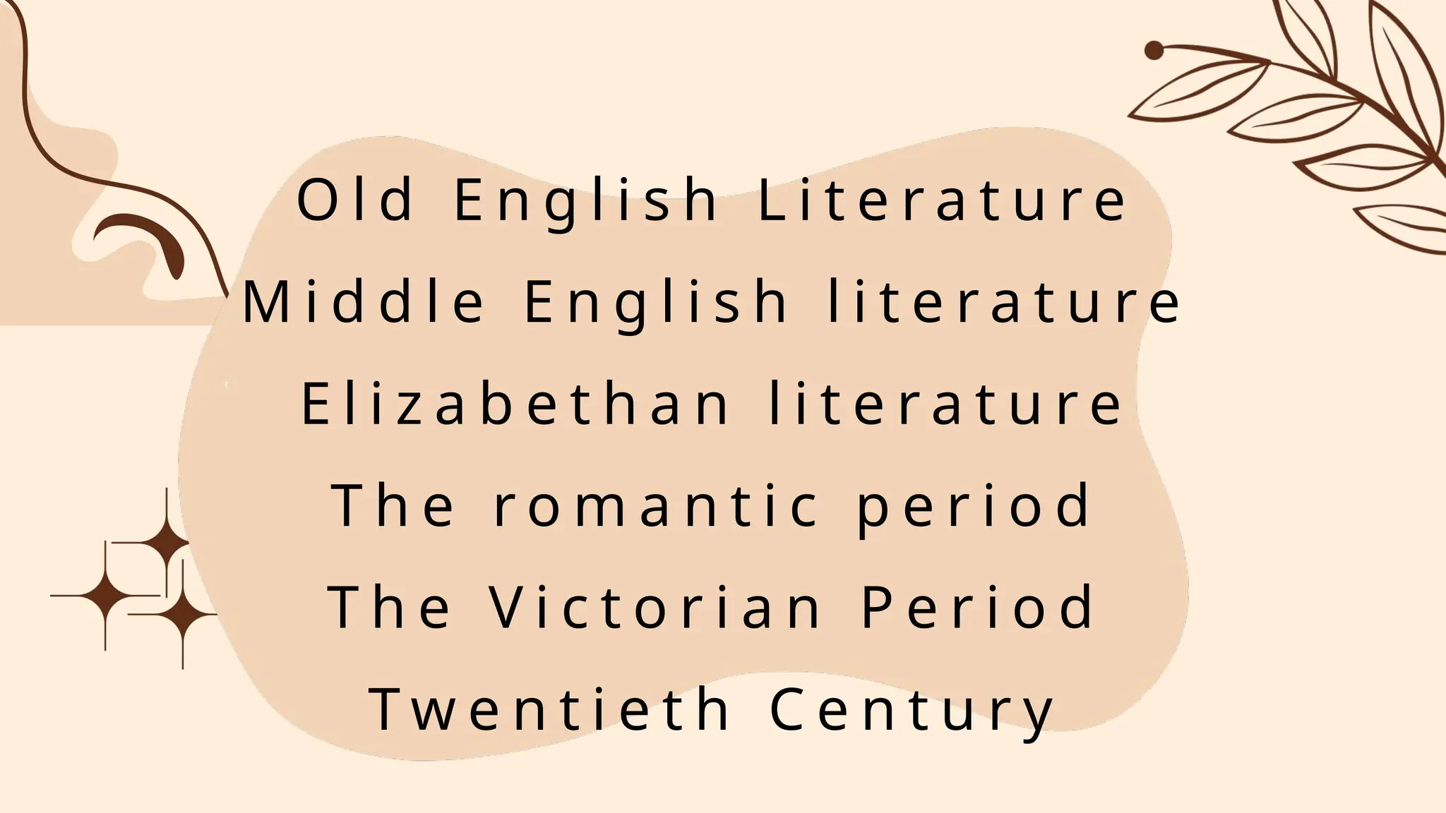 O l d E n g l i s h L i t e r a t u r e
M i d d l e E n g l i s h l i t e r a t u r e
E l i z a b e t h a n l i t e r a t u r e
T h e r o m a n t i c p e r i o d
T h e V i c t o r i a n P e r i o d
T w e n t i e t h C e n t u r y
 