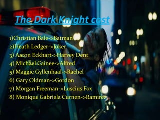 The Dark Knight cast
1)Christian Bale->Batman
2)Heath Ledger->Joker
3) Aaron Eckhart->Harvey Dent
4) Michael Cainee->Alfred
5) Maggie Gyllenhaal->Rachel
6) Gary Oldman->Gordon
7) Morgan Freeman->Luscius Fox
8) Monique Gabriela Curnen->Ramirez
 