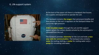 6. Life support system
At the back of the space suit there is a backpack that houses
the supplies and equipment to operate the suit.
This backpack contains the oxygen that astronauts breathe and
that presses on the suit. A regulator on the backpack keeps the
suit at the right pressure.
A fan circulates oxygen through the suit and life support
system where the carbon dioxide exhaled by the astronauts is
removed from the suit.
The backpack provides electricity for the suit and holds a two-
way radio for communication. The backpack also contains
water for cooling clothing, a cooler for cooling water and a
pump for circulating cold water.
 