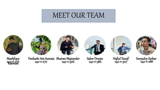 Mashfiqur
Rahman
Fardushi Ara Sumaia Shairan Majumder Saber Dewan Nafiul Tausif Suryadoy Sarkar
242-11-276 242-11-277 242-11-306 242-11-386 242-11-307 242-11-288
MEET OUR TEAM
 