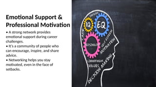 • A strong network provides
emotional support during career
challenges.
• It’s a community of people who
can encourage, inspire, and share
advice.
• Networking helps you stay
motivated, even in the face of
setbacks.
Emotional Support &
Professional Motivation
 