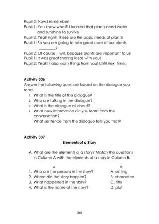 335
Pupil 2: Now I remember!
Pupil 1: You know what? I learned that plants need water
and sunshine to survive.
Pupil 2: Yeah right! These are the basic needs of plants!
Pupil 1: So you are going to take good care of our plants,
_________?
Pupil 2: Of course, I will, because plants are important to us!
Pupil 1: It was great sharing ideas with you!
Pupil 2: Yeah! I also learn things from you! Until next time.
Activity 306
Answer the following questions based on the dialogue you
read.
1. What is the title of the dialogue?
2. Who are talking in the dialogue?
3. What is the dialogue all about?
4. What new information did you learn from the
conversation?
What sentence from the dialogue tells you that?
Activity 307
Elements of a Story
A. What are the elements of a story? Match the questions
in Column A with the elements of a story in Column B.
A B
1. Who are the persons in the story? A. setting
2. Where did the story happen? B. characters
3. What happened in the story? C. title
4. What is the name of the story? D. plot
 
