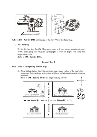 Refer to LM - Activity 292B for the copy of the story “Pappy the Paper Bag.
C. Post Reading
Divide the class into five (5). Allow each group to draw a picture showing the story
events. Each group will be given 2 paragraphs to work on. Pupils will share their
output to the class.
Refer to LM - Activity 292C.
Lesson 3 Day 2
Skill Lesson 1: Interpreting location maps
A. (Note: before starting Day 2 be sure to prepare a larger replica of the map below
for another finger-walking activity that will focus on Wh- questions and following
directions.)
Refer to LM - Activity 293 for the finger walking activity.
Hello
world…use
me!
Mango St. Mango St.
BananaSt.BananaSt.
Good Supermarket Better Supermarket
Cost Saver’s Supermarket
Totie’s
HouseGreen Supermarket
Pappy’sHouse
N
S
EW
 