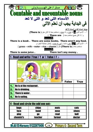 ١٧
‫ﻣﺴﺘﺮ‬/‫اﻟﮭــــــــــﺎروﻧﻰ‬ ‫ﻋﻠﻰ‬
‫أﺳﻤﺎء‬ ‫ﯾﻮﺟﺪ‬‫ٌﻌﺪ‬‫ﺗ‬‫ﻻ‬ ‫أﺳﻤﺎء‬ ‫و‬‫ٌﻌﺪ‬‫ﺗ‬
١-‫اﻟﺬى‬ ‫اﻻﺳﻢ‬‫ﯾﻌﺪ‬‫ﻟﮫ‬‫ﻣﻔﺮد‬‫ﻟﮫ‬ ‫و‬‫ﺟﻤﻊ‬‫ﻣﻔﺮد‬ ‫ﻛﺎن‬ ‫إذا‬ ‫ﻣﻌﮫ‬ ‫ﻧﺴﺘﺨﺪم‬ ‫و‬)(There is
‫ﻣﻌﮫ‬ ‫ﻧﺴﺘﺨﺪم‬ ‫ﺟﻤﻊ‬ ‫ﻛﺎن‬ ‫ذا‬ ‫إ‬ ‫و‬)There are(
‫أﻣﺜﻠـــــــــــــﮫ‬
There is a book . There are some books. There aren't any food.
٢-‫اﻟﺬى‬ ‫اﻻﺳﻢ‬‫ﻻ‬‫ﯾﻌﺪ‬‫ﻣﻔﺮد‬‫و‬ ‫داﺋﻤﺎ‬‫ﺟﻤﻊ‬ ‫ﻟﮫ‬ ‫ﻟﯿﺲ‬‫و‬ ‫اﻟﻤﻔﺮد‬ ‫ﻣﻌﺎﻣﻠﺔ‬ ‫ٌﻌﺎﻣﻞ‬‫ﯾ‬ ‫و‬
‫ﻣﻌﮫ‬ ‫ﻧﺴﺘﺨﺪم‬)(There is‫ﻣﺜﻞ‬( grass – milk – water – rice – cheese )
‫أﻣﺜﻠـــــــــــــﮫ‬
There is some juice . There isn't any money .
1 - Read and write ( True ) T or ( False ) F :-
False True
1. He is at the restaurant .
2. He is drinking .
3. There is water .
4. He is eating .
4 - Read and circle the odd one out:-
bags chips mats cats
face hand nose shoes
play go read ball
chemist's teacher farmer doctor
 