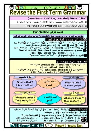 ٢
‫ﻣﺴﺘﺮ‬/‫اﻟﮭــــــــــﺎروﻧﻰ‬ ‫ﻋﻠﻰ‬
1–‫ﻣﻦ‬ ‫اﻟﻤﺴﺘﻤﺮ‬ ‫اﻟﻤﻀﺎرع‬ ‫زﻣﻦ‬ ‫ﯾﺘﻜﻮن‬}am – is – are + verb + ing{
2–‫ﻧﺴﺘﺨﺪم‬ ‫اﻟﻤﻠﻜﯿﺔ‬ ‫ﻋﻦ‬ ‫ﻟﻠﺘﻌﺒﯿﺮ‬}I have + noun{‫اﻟﻨﻔﻰ‬}I don't have + noun{
3–‫ﻧﺴﺘﺨﺪم‬ ‫اﻟﻮﻗﺖ‬ ‫ﻋﻦ‬ ‫ﻟﻠﺴﺆال‬}What time is it{‫ﻟﻺﺟﺎﺑﺔ‬}It's + time{
Punctuation ‫اﻟﺘﺮﻗﯿﻢ‬ ‫ﻋﻼﻣﺎت‬
‫ﻛﺒﯿﺮ‬ ‫ﺣﺮف‬ ‫إﻟﻰ‬ ‫ﺻﻐﯿﺮ‬ ‫ﺣﺮف‬ ‫ﻣﻦ‬ ‫اﻟﻜﻠﻤﺎت‬ ‫ﺑﻌﺾ‬ ‫ﻣﻦ‬ ‫ﺣﺮف‬ ‫أول‬ ‫ﺗﺤﻮﯾﻞ‬ ‫ھﻮ‬ ‫اﻟﺘﺮﻗﯿﻢ‬
‫ﻛﺒﯿﺮ‬ ‫ﺑﺤﺮف‬ ‫ﺗﺒﺪأ‬ ‫أن‬ ‫ﯾﺠﺐ‬ ‫اﻟﺘﻲ‬ ‫اﻟﻜﻠﻤﺎت‬:
)١(‫أ‬‫ول‬‫ﺣﺮف‬‫اﻟﺠﻤﻠ‬ ‫ﻓﻲ‬‫ــــــــــــ‬‫ﺔ‬)٢(‫أﺳﻤﺎء‬‫اﻷﺷﺨﺎص‬)٣(‫اﻟﻤﺪن‬ ‫و‬ ‫اﻟﺪول‬ ‫أﺳﻤﺎء‬)٤(‫اﻷﺳﺒﻮع‬ ‫أﯾﺎم‬
)٥(‫اﻟﺸﮭﻮر‬)٦(‫اﻟﻠﻐﺎت‬)٧(‫اﻟﻀﻤﯿﺮ‬)I()‫أﻧﺎ‬(‫ﻓﻰ‬ ‫ﻛﺎﺑﯿﺘﻞ‬ ‫داﺋﻤﺎ‬‫أ‬‫اﻟﺠﻤﻠﺔ‬ ‫ﻓﻰ‬ ‫ﻣﻜﺎن‬ ‫ى‬.
)٨(‫ﻧﻀﻊ‬ ‫اﻟﺠﻤﻠﺔ‬ ‫ﻧﮭﺎﯾﺔ‬ ‫ﻓﻲ‬( . )full stop‫ﻧﻘﻄﺔ‬)٩(‫ﻧﻀﻊ‬ ‫اﻟﺴﺆال‬ ‫ﻧﮭﺎﯾﺔ‬ ‫ﻓﻰ‬)‫؟‬(‫اﺳﺘﻔﮭﺎم‬ ‫ﻋﻼﻣﺔ‬
)٠١(‫ﻧﺴﺘﺨﺪم‬),(comma‫اﻟﺠﻤﻠﺔ‬ ‫أول‬ ‫ﺟﺎء‬ ‫إذا‬ ‫اﻟﻤﻨﺎدى‬ ‫أﺳﻢ‬ ‫ﺑﻌﺪ‬‫اﻟﺠﻤﻠﺔ‬ ‫أﺧﺮ‬ ‫ﺟﺎء‬ ‫إذا‬ ‫ﻗﺒﻠﮫ‬ ‫و‬
‫ﺑﻌﺪ‬ ‫و‬Yes, - No, - Excuse me, - please ,) -(
١١‫ﻧﻀﻊ‬)'()apostrophe(‫ﻋﻠﻰ‬)d'–ll'–t'n–re'–s'–m'(
‫ﻋﻠﻰ‬ ‫ﻧﺠﺎوب‬ ‫ﻛﯿﻒ‬‫اﻟﺘﺎﻟﻰ‬ ‫اﻟﺴﺆال‬:-
١-‫اﻟﺴﺆال‬ ‫ﻛﺎن‬ ‫إذا‬}What is this ? – What is it ?{‫؟‬ ‫ھﺬا‬ ‫ﻣﺎ‬ ‫ﺑﻤﻌﻨﻰ‬
Å‫اﻹﺟﺎﺑﺔ‬ ‫ﺗﻜﻮن‬}‫اﻟﺸﺊ‬ ‫أﺳﻢ‬It is +{.
٢–‫اﻟﺴﺆال‬ ‫ﻛﺎن‬ ‫إذا‬}What is he / she doing ?{‫ﺑﻤﻌﻨﻰ‬.‫؟‬ ‫اﻵن‬ ‫ﯾﻔﻌﻞ‬ ‫ھﻰ‬ ‫أو‬ ‫ھﻮ‬ ‫ﻣﺎذا‬
Å‫اﻹﺟﺎﺑﺔ‬ ‫ﺗﻜﻮن‬}He / She is + verb + ing{
‫اﻟﺒﺴﯿﻂ‬ ‫اﻟﻤﻀﺎرع‬ ‫زﻣﻦ‬‫إﺿﺎﻓﺔ‬ ‫ﯾﺘﻢ‬{ s – es – ies }‫ﻣﻔﺮد‬ ‫اﻟﻔﺎﻋﻞ‬ ‫ﻛﺎن‬ ‫إذا‬ ‫اﻟﻔﻌﻞ‬ ‫ﻧﮭﺎﯾﺔ‬ ‫إﻟﻰ‬
‫ﻣﺜﻞ‬ ‫ﻏﺎﺋﺐ‬:-}it – she – he{‫ﻣﻔﺮد‬ ‫أﺳﻢ‬ ‫أى‬ ‫أو‬
‫ﻣﺜﻞ‬ ‫ﺟﻤﻊ‬ ‫اﻟﻔﺎﻋﻞ‬ ‫ﻛﺎن‬ ‫إذا‬ ‫أﻣﺎ‬}they – we – you – I{‫ﺑ‬ ‫اﻟﻔﻌﻞ‬ ‫ﻓﯿﻜﻮن‬‫ﺪون‬S
‫اﻟﻨﻔﻰ‬ ‫ﻓﻰ‬‫ﺗﺄﺗﻰ‬)( don't‫ﻣﻊ‬I – you – we – they–‫اﻟﻔﻌﻞ‬ ‫ﻣﺼﺪر‬ ‫ﺑﻌﺪھﺎ‬ ‫ﯾﺄﺗﻰ‬ ‫و‬
‫اﻟﻨﻔﻰ‬ ‫ﻓﻰ‬‫ﺗﺄﺗﻰ‬)( doesn't‫ﻣﻊ‬He – she – it–‫اﻟﻔﻌﻞ‬ ‫ﻣﺼﺪر‬ ‫ﺑﻌﺪھﺎ‬ ‫ﯾﺄﺗﻰ‬ ‫و‬
‫اﻹﺷﺎرة‬ ‫أﺳﻤﺎء‬
‫ﻟﻠﻤﻔﺮد‬
What is that ?
It is a + ‫اﻟﺸ‬ ‫أﺳﻢ‬‫ﺊ‬
‫ﺑﻌﯿ‬ ‫ﻣﻔﺮد‬‫ـــــ‬‫ﺪ‬
What is this ?
It is a + ‫اﻟﺸ‬ ‫أﺳﻢ‬‫ﺊ‬
‫ﻣﻔﺮد‬‫ﻗﺮﯾﺐ‬
‫اﻹﺷﺎرة‬ ‫أﺳﻤﺎء‬
‫ﻟﻠﺠﻤﻊ‬
What are those?
They are+ ‫اﻟﺸ‬ ‫أﺳﻢ‬‫ﺊ‬
‫ﺟﻤﻊ‬‫ﺑﻌﯿ‬‫ـــــ‬‫ﺪ‬
What are these ?
They are+ ‫اﻟﺸ‬ ‫أﺳﻢ‬‫ﺊ‬
‫ﺟﻤﻊ‬‫ﻗﺮﯾﺐ‬
 