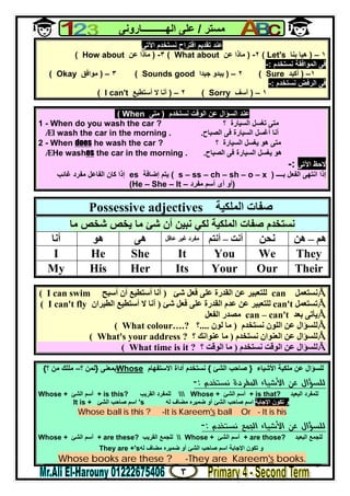 ٣
‫ﻣﺴﺘﺮ‬/‫اﻟﮭــــــــــﺎروﻧﻰ‬ ‫ﻋﻠﻰ‬
‫اﻵﺗﻰ‬ ‫ﻧﺴﺘﺨﺪم‬ ‫اﻗﺘﺮاح‬ ‫ﺗﻘﺪﯾﻢ‬ ‫ﻋﻨﺪ‬
١–)‫ﺑﻨﺎ‬ ‫ھﯿﺎ‬Let's(٢-)‫ﻋ‬ ‫ﻣﺎذا‬‫ﻦ‬What about(٣-)‫ﻋﻦ‬ ‫ﻣﺎذا‬How about(
‫ﻧﺴﺘﺨﺪم‬ ‫اﻟﻤﻮاﻓﻘﺔ‬ ‫ﻓﻰ‬:-
١–)‫أﻛﯿﺪ‬Sure(٢–)‫ﺟﯿﺪا‬ ‫ﯾﺒﺪو‬Sounds good(٣–)‫ﻣﻮاﻓﻖ‬Okay(
‫ﻧﺴﺘﺨﺪم‬ ‫اﻟﺮﻓﺾ‬ ‫ﻓﻰ‬:-
١–)‫آﺳﻒ‬Sorry(٢–)‫أﺳﺘﻄﯿﻊ‬ ‫ﻻ‬ ‫أﻧﺎ‬I can't(
‫ﻧﺴﺘ‬ ‫اﻟﻮﻗﺖ‬ ‫ﻋﻦ‬ ‫اﻟﺴﺆال‬ ‫ﻋﻨﺪ‬‫ﺨﺪم‬)‫ﻣﺘﻰ‬When(
1 - When do you wash the car ? ‫؟‬ ‫اﻟﺴﯿﺎرة‬ ‫ﺗﻐﺴﻞ‬ ‫ﻣﺘﻰ‬
ÆI wash the car in the morning . ‫اﻟﺼﺒﺎح‬ ‫ﻓﻰ‬ ‫اﻟﺴﯿﺎرة‬ ‫أﻏﺴﻞ‬ ‫أﻧﺎ‬.
2 - When does he wash the car ? ‫؟‬ ‫اﻟﺴﯿﺎرة‬ ‫ﯾﻐﺴﻞ‬ ‫ھﻮ‬ ‫ﻣﺘﻰ‬
ÆHe washes the car in the morning . ‫اﻟﺼﺒﺎح‬ ‫ﻓﻰ‬ ‫اﻟﺴﯿﺎرة‬ ‫ﯾﻐﺴﻞ‬ ‫ھﻮ‬.
‫اﻵﺗﻰ‬ ‫ﻻﺣﻆ‬:-
‫ﺑــــ‬ ‫اﻟﻔﻌﻞ‬ ‫اﻧﺘﮭﻰ‬ ‫إذا‬)s – ss – ch – sh – o – x(‫ﯾﺘﻢ‬‫إﺿﺎﻓﺔ‬es‫ﻏﺎﺋﺐ‬ ‫ﻣﻔﺮد‬ ‫اﻟﻔﺎﻋﻞ‬ ‫ﻛﺎن‬ ‫إذا‬
)‫أى‬ ‫أو‬‫ﻣﻔﺮد‬ ‫أﺳﻢ‬(He – She – It –
Possessive adjectives ‫ﺻﻔﺎت‬‫اﻟﻤﻠﻜﯿﺔ‬
‫ﻣﺎ‬ ‫ﺷﺨﺺ‬ ‫ﯾﺨﺺ‬ ‫ﻣﺎ‬ ‫ﺷﺊ‬ ‫أن‬ ‫ﻧﺒﯿﻦ‬ ‫ﻟﻜﻲ‬ ‫اﻟﻤﻠﻜﯿﺔ‬ ‫ﺻﻔﺎت‬ ‫ﻧﺴﺘﺨﺪم‬
‫أﻧﺎ‬ ‫ھﻮ‬ ‫ھﻰ‬ ‫ﻋﺎﻗﻞ‬ ‫ﻏﯿﺮ‬ ‫ﻣﻔﺮد‬ ‫أﻧﺖ‬–‫أﻧﺘﻢ‬ ‫ﻧﺤﻦ‬ ‫ھﻢ‬–‫ھﻦ‬
I He She It You We They
My His Her Its Your Our Their
Å‫ﻧﺴﺘﻌﻤﻞ‬can‫ﺷﺊ‬ ‫ﻓﻌﻞ‬ ‫ﻋﻠﻰ‬ ‫اﻟﻘﺪرة‬ ‫ﻋﻦ‬ ‫ﻟﻠﺘﻌﺒﯿﺮ‬)‫أﺳﺒﺢ‬ ‫أن‬ ‫أﺳﺘﻄﯿﻊ‬ ‫أﻧﺎ‬I can swim(
Å‫ﺗﺴﺘﻌﻤﻞ‬can't‫ﻟ‬‫ﺷﺊ‬ ‫ﻓﻌﻞ‬ ‫ﻋﻠﻰ‬ ‫اﻟﻘﺪرة‬ ‫ﻋﺪم‬ ‫ﻋﻦ‬ ‫ﻠﺘﻌﺒﯿﺮ‬)‫اﻟﻄﯿﺮان‬ ‫أﺳﺘﻄﯿﻊ‬ ‫ﻻ‬ ‫أﻧﺎ‬I can't fly(
Å‫ﺑﻌﺪ‬ ‫ﯾﺄﺗﻰ‬can – can't‫اﻟﻔﻌﻞ‬ ‫ﻣﺼﺪر‬
Å‫ﻧﺴﺘﺨﺪم‬ ‫اﻟﻠﻮن‬ ‫ﻋﻦ‬ ‫ﻟﻠﺴﺆال‬)‫ﻟﻮن‬ ‫ﻣﺎ‬....‫؟‬What colour….?(
Å‫ﻧﺴﺘﺨﺪم‬ ‫اﻟﻌﻨﻮان‬ ‫ﻋﻦ‬ ‫ﻟﻠﺴﺆال‬)‫؟‬ ‫ﻋﻨﻮاﻧﻚ‬ ‫ﻣﺎ‬What's your address ?(
Å‫ﻧﺴ‬ ‫اﻟﻮﻗﺖ‬ ‫ﻋﻦ‬ ‫ﻟﻠﺴﺆال‬‫ﺘﺨﺪم‬)‫؟‬ ‫اﻟﻮﻗﺖ‬ ‫ﻣﺎ‬What time is it ?(
‫ﺑﻤﻌﻨ‬‫ﻰ‬}‫؟‬ ‫ﻟﻤﻦ‬–‫؟‬ ‫ﻣﻦ‬ ‫ﻣﻠﻠﻚ‬{ Whose ‫اﻷﺷﯿﺎء‬ ‫ﻣﻠﻜﯿﺔ‬ ‫ﻋﻦ‬ ‫ﻟﻠﺴﺆال‬}‫اﻟﺸﺊ‬ ‫ﺻﺎﺣﺐ‬{‫ﻧﺴﺘﺨﺪم‬‫أداة‬‫اﻻﺳﺘﻔﮭﺎم‬

Whose + ‫اﻟﺸﺊ‬ ‫أﺳﻢ‬ + is this? ‫اﻟﻘﺮﯾﺐ‬ ‫ﻟﻠﻤﻔﺮد‬  Whose + ‫اﻟﺸﺊ‬ ‫أﺳﻢ‬ + is that? ‫اﻟﺒﻌﯿﺪ‬ ‫ﻟﻠﻤﻔﺮد‬
It is + ‫اﻟﺸﺊ‬ ‫ﺻﺎﺣﺐ‬ ‫اﺳﻢ‬ 's ‫ﻟﮫ‬ ‫ﻣﻀﺎف‬ ‫ﺿﻤﯿﺮه‬ ‫أو‬ ‫اﻟﺸﺊ‬ ‫ﺻﺎﺣﺐ‬ ‫اﺳﻢ‬ ‫اﻹﺟﺎﺑﺔ‬ ‫ﺗﻜﻮن‬ ‫و‬
Whose ball is this ? -It is Kareem's ball Or - It is his

Whose + ‫اﻟﺸﺊ‬ ‫أﺳﻢ‬ + are these? ‫اﻟﻘﺮﯾﺐ‬ ‫ﻟﻠﺠﻤﻊ‬  Whose + ‫اﻟﺸﺊ‬ ‫أﺳﻢ‬ + are those? ‫اﻟﺒﻌﯿﺪ‬ ‫ﻟﻠﺠﻤﻊ‬
They are +'s‫ﻟﮫ‬ ‫ﻣﻀﺎف‬ ‫ﺿﻤﯿﺮه‬ ‫أو‬ ‫اﻟﺸﺊ‬ ‫ﺻﺎﺣﺐ‬ ‫اﺳﻢ‬ ‫اﻹﺟﺎﺑﺔ‬ ‫ﺗﻜﻮن‬ ‫و‬
.bookss'They are Kareem-?Whose books are these
 