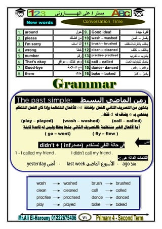 ٧١
‫ﻣﺴﺘﺮ‬/‫اﻟﮭــــــــــﺎروﻧﻰ‬ ‫ﻋﻠﻰ‬
1. around ‫ﺣﻮل‬ 9. Good idea! ‫ﺟﯿﺪة‬ ‫ﻓﻜﺮة‬
2. please ‫ﻓﻀﻠﻚ‬ ‫ﻣﻦ‬ 10. wash – washed ‫ﯾﻐﺴﻞ‬–‫ﻏﺴﻞ‬
3. I’m sorry ‫آﺳﻒ‬ ‫أﻧﺎ‬ 11. brush – brushed ‫ﺑﺎﻟﻔﺮﺷﺎة‬ ‫ﯾﻨﻈﻒ‬-‫ﻧﻈﻒ‬
4. wrong ‫ﺧﻄﺄ‬ 12. clean – cleaned ‫ﯾﻨﻈﻒ‬–‫ﻧﻈﻒ‬
5. number ‫رﻗﻢ‬ 13. practise- practised ‫ﯾﺘﺪرب‬–‫ﺗﺪرب‬
6. That’s okay ‫ﻛﺬﻟﻚ‬ ‫وھﻮ‬–‫ﻣﻮاﻓﻖ‬ 14. call – called ‫ﺗﻠﯿﻔﻮﻧﯿﺎ‬ ‫ﯾﺘﺼﻞ‬-‫اﺗﺼﻞ‬
7. Good-bye ‫اﻟﺴﻼﻣﺔ‬ ‫ﻣﻊ‬ 15. dance- danced ‫ﯾﺮﻗﺺ‬-‫رﻗﺺ‬
8. there ‫ھﻨﺎك‬ 16. bake – baked ‫ﯾﺨﺒﺰ‬–َ‫ﺧﺒﺰ‬
New words Conversation Time
The past simple: ‫اﻟﺒﺴﯿﻂ‬ ‫اﻟﻤﺎﺿﻲ‬ ‫زﻣﻦ‬
ed
ed
(play – played) (wash – washed) (call – called)
 
( go – went) ( fly – flew )
‫ﻧﺴﺘﺨﺪم‬ ‫اﻟﻨﻔﻰ‬ ‫ﺣﺎﻟﺔ‬ ‫ﻓﻰ‬)‫ﻣﺼﺪر‬inf+ (t'didn
1 – I called my friend . I didn't call my friend .
-: ‫ھﻰ‬ ‫اﻟﺪاﻟﺔ‬ ‫اﻟﻜﻠﻤﺎت‬
yesterday ‫أﻣس‬ - last week ‫اﻟﻣﺎﺿﻰ‬ ‫اﻷﺳﺑوع‬ - ago ‫ﻣﻧذ‬
‫اﻟﻨﻔﻰ‬
 