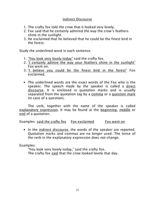 15
Indirect Discourse
1. The crafty fox told the crow that it looked very lovely.
2. Fox said that he certainly admired the way the crow’s feathers
shine in the sunlight.
3. He exclaimed that he believed that he could be the finest bird in
the forest.
Study the underlined word in each sentence.
1. “You look very lovely today” said the crafty fox.
2. “I certainly admire the way your feathers shine in the sunlight”
Fox went on.
3. “I believe you could be the finest bird in the forest” Fox
exclaimed.
• The underlined words are the exact words of the Fox who is the
speaker. The speech made by the speaker is called a direct
discourse. It is enclosed in quotation marks and is usually
separated from the quotation tag by a comma or a question mark
(in case of a question).
The verb, together with the name of the speaker is called
explanatory expression. It may be found at the beginning, middle or
end of a quotation.
Examples: said the crafty fox Fox exclaimed Fox went on
• In the indirect discourse, the words of the speaker are reported.
Quotation marks and commas are no longer used. The tense of
the verb in the explanatory expression does not change.
Examples:
“You look very lovely today,” said the crafty fox.
The crafty fox said that the crow looked lovely that day.
 