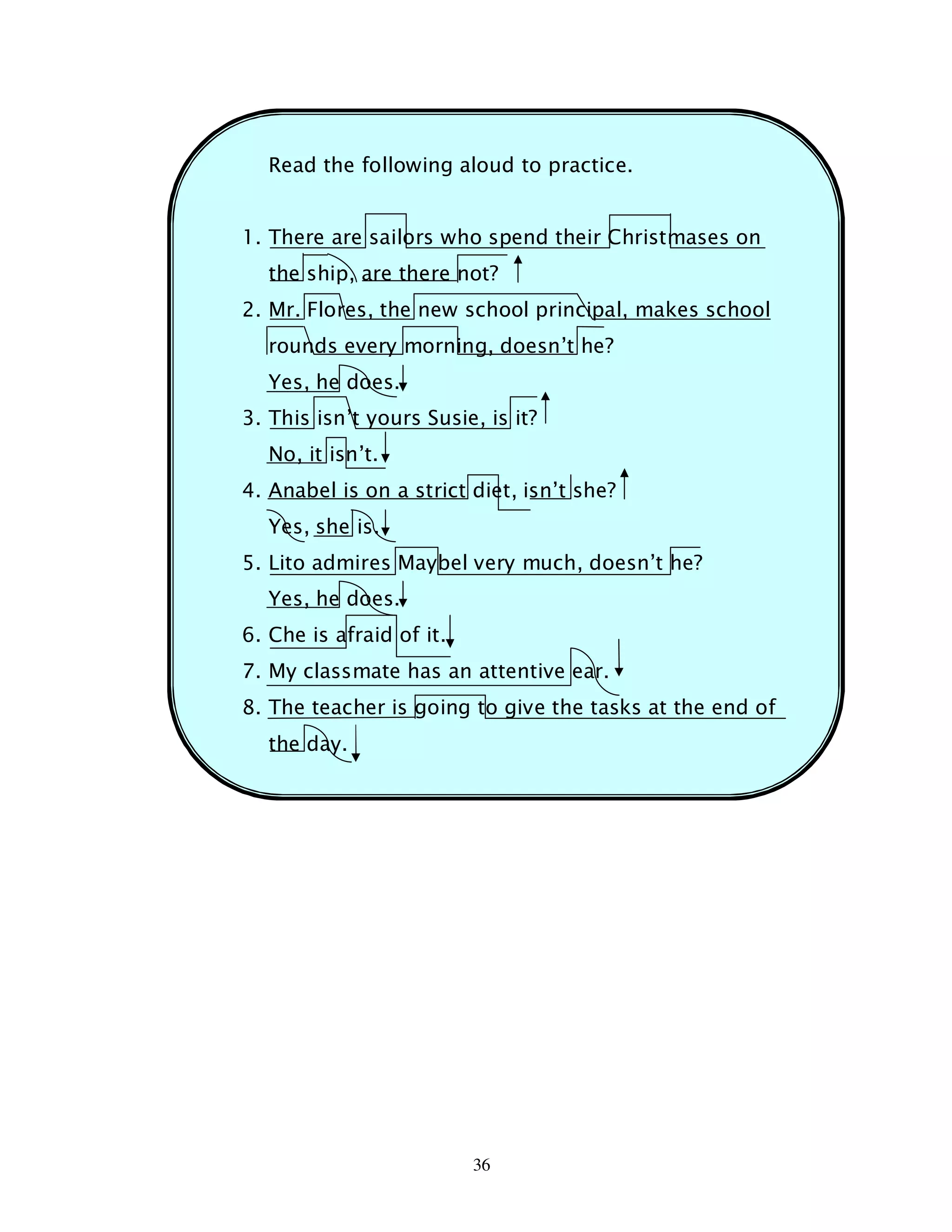 36
Read the following aloud to practice.
1. There are sailors who spend their Christmases on
the ship, are there not?
2. Mr. Flores, the new school principal, makes school
rounds every morning, doesn’t he?
Yes, he does.
3. This isn’t yours Susie, is it?
No, it isn’t.
4. Anabel is on a strict diet, isn’t she?
Yes, she is.
5. Lito admires Maybel very much, doesn’t he?
Yes, he does.
6. Che is afraid of it.
7. My classmate has an attentive ear.
8. The teacher is going to give the tasks at the end of
the day.
 