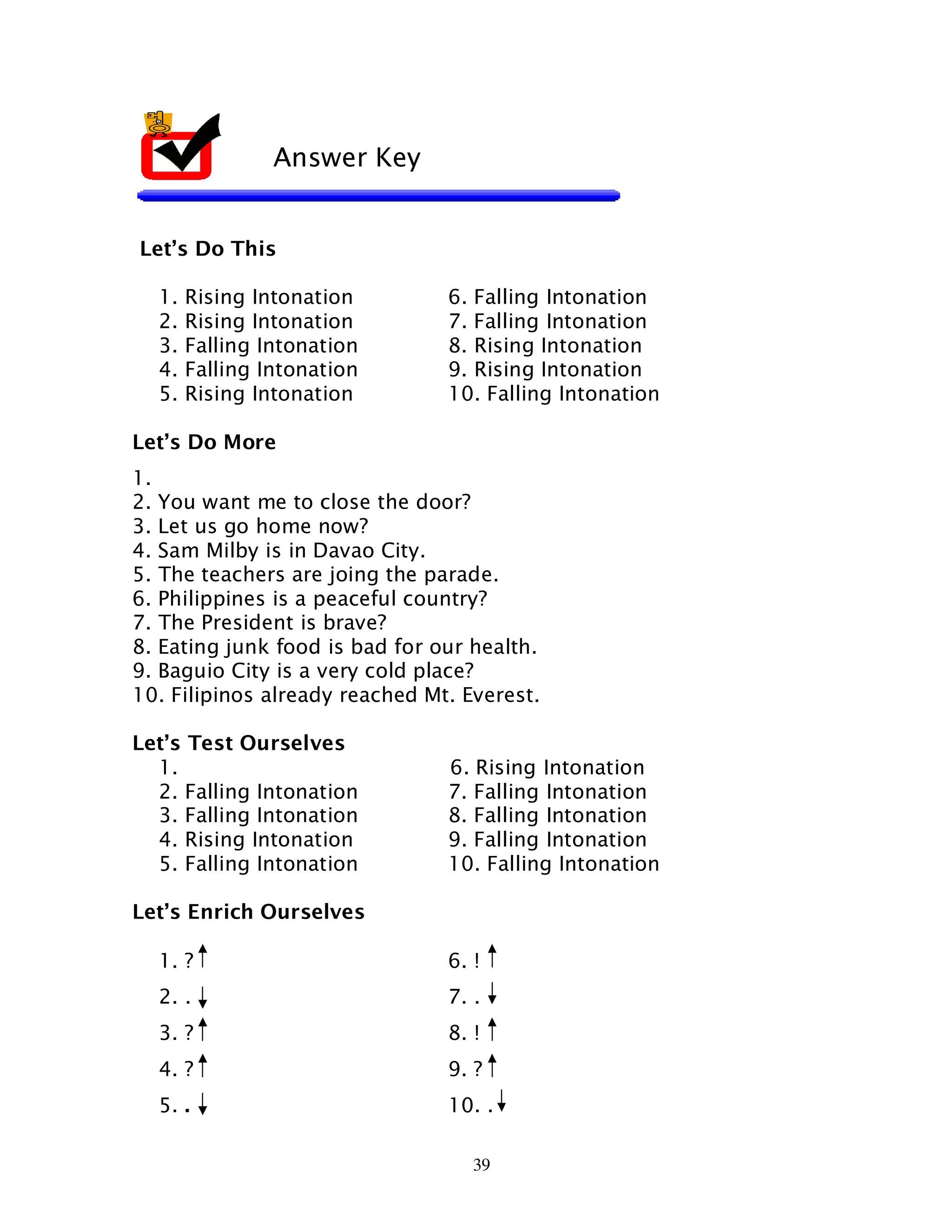 39
Let’s Do This
1. Rising Intonation 6. Falling Intonation
2. Rising Intonation 7. Falling Intonation
3. Falling Intonation 8. Rising Intonation
4. Falling Intonation 9. Rising Intonation
5. Rising Intonation 10. Falling Intonation
Let’s Do More
1.
2. You want me to close the door?
3. Let us go home now?
4. Sam Milby is in Davao City.
5. The teachers are joing the parade.
6. Philippines is a peaceful country?
7. The President is brave?
8. Eating junk food is bad for our health.
9. Baguio City is a very cold place?
10. Filipinos already reached Mt. Everest.
Let’s Test Ourselves
1. 6. Rising Intonation
2. Falling Intonation 7. Falling Intonation
3. Falling Intonation 8. Falling Intonation
4. Rising Intonation 9. Falling Intonation
5. Falling Intonation 10. Falling Intonation
Let’s Enrich Ourselves
1. ? 6. !
2. . 7. .
3. ? 8. !
4. ? 9. ?
5. . 10. .
Answer Key
 