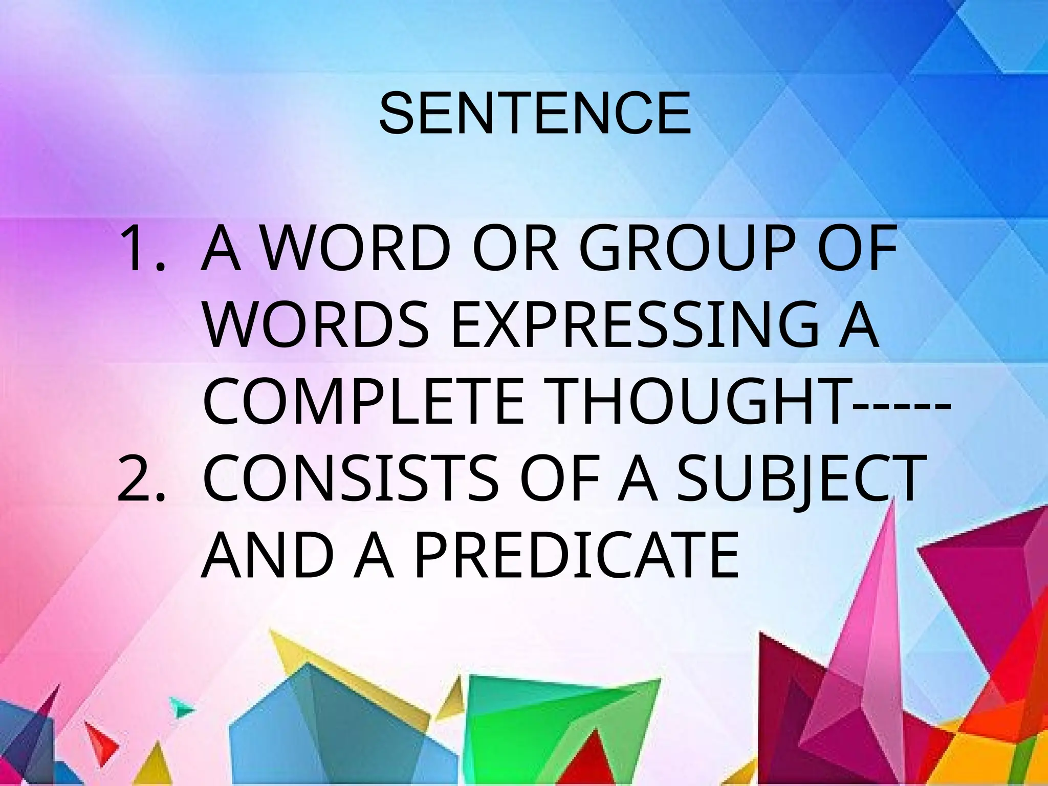 SENTENCE
1. A WORD OR GROUP OF
WORDS EXPRESSING A
COMPLETE THOUGHT-----
2. CONSISTS OF A SUBJECT
AND A PREDICATE
 
