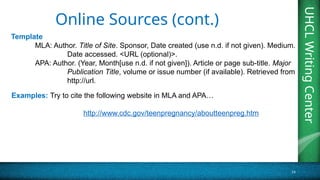 UHCL
Writing
Center
14
UHCL
Writing
Center
Online Sources (cont.)
Template
MLA: Author. Title of Site. Sponsor, Date created (use n.d. if not given). Medium.
Date accessed. <URL (optional)>.
APA: Author. (Year, Month[use n.d. if not given]). Article or page sub-title. Major
Publication Title, volume or issue number (if available). Retrieved from
http://url.
Examples: Try to cite the following website in MLA and APA…
http://www.cdc.gov/teenpregnancy/aboutteenpreg.htm
 