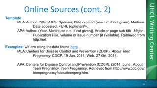 UHCL
Writing
Center
15
UHCL
Writing
Center
Online Sources (cont. 2)
Template
MLA: Author. Title of Site. Sponsor, Date created (use n.d. if not given). Medium.
Date accessed. <URL (optional)/>.
APA: Author. (Year, Month[use n.d. if not given]). Article or page sub-title. Major
Publication Title, volume or issue number (if available). Retrieved from
http://url.
Examples: We are citing the data found here.
MLA: Centers for Disease Control and Prevention (CDCP). About Teen
Pregnancy. CDCP, 19 Jun. 2014. Web. 27 Oct. 2014.
APA: Centers for Disease Control and Prevention (CDCP). (2014, June). About
Teen Pregnancy. Teen Pregnancy. Retrieved from http://www.cdc.gov/
teenpregnancy/aboutteenpreg.htm.
 