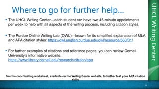 UHCL
Writing
Center
16
UHCL
Writing
Center
Where to go for further help…
• The UHCL Writing Center—each student can have two 45-minute appointments
per week to help with all aspects of the writing process, including citation styles.
• The Purdue Online Writing Lab (OWL)—known for its simplified explanation of MLA
and APA citation styles: https://owl.english.purdue.edu/owl/resource/560/01/
• For further examples of citations and reference pages, you can review Cornell
University’s informative website:
https://www.library.cornell.edu/research/citation/apa
See the coordinating worksheet, available on the Writing Center website, to further test your APA citation
skills.
 