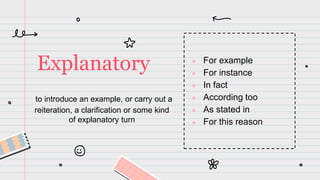 to introduce an example, or carry out a
reiteration, a clarification or some kind
of explanatory turn
Explanatory ● For example
● For instance
● In fact
● According too
● As stated in
● For this reason
 
