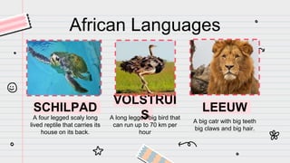 SCHILPAD
A four legged scaly long
lived reptile that carries its
house on its back.
African Languages
VOLSTRUI
S
A long legged big bird that
can run up to 70 km per
hour
LEEUW
A big catr with big teeth
big claws and big hair.
 
