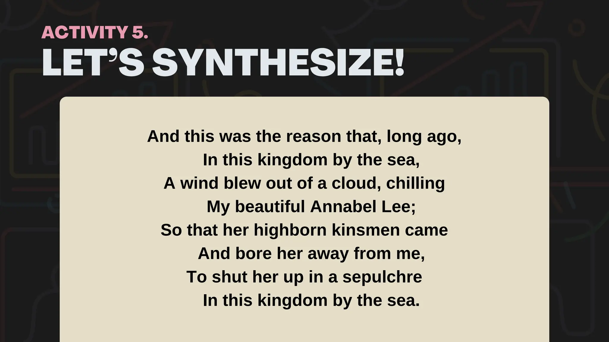 LET’S SYNTHESIZE!
ACTIVITY 5.
And this was the reason that, long ago,
In this kingdom by the sea,
A wind blew out of a cloud, chilling
My beautiful Annabel Lee;
So that her highborn kinsmen came
And bore her away from me,
To shut her up in a sepulchre
In this kingdom by the sea.
 