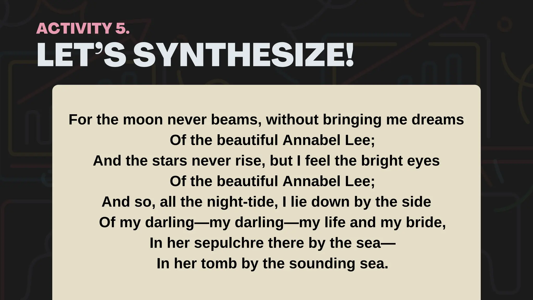LET’S SYNTHESIZE!
ACTIVITY 5.
For the moon never beams, without bringing me dreams
Of the beautiful Annabel Lee;
And the stars never rise, but I feel the bright eyes
Of the beautiful Annabel Lee;
And so, all the night-tide, I lie down by the side
Of my darling—my darling—my life and my bride,
In her sepulchre there by the sea—
In her tomb by the sounding sea.
 