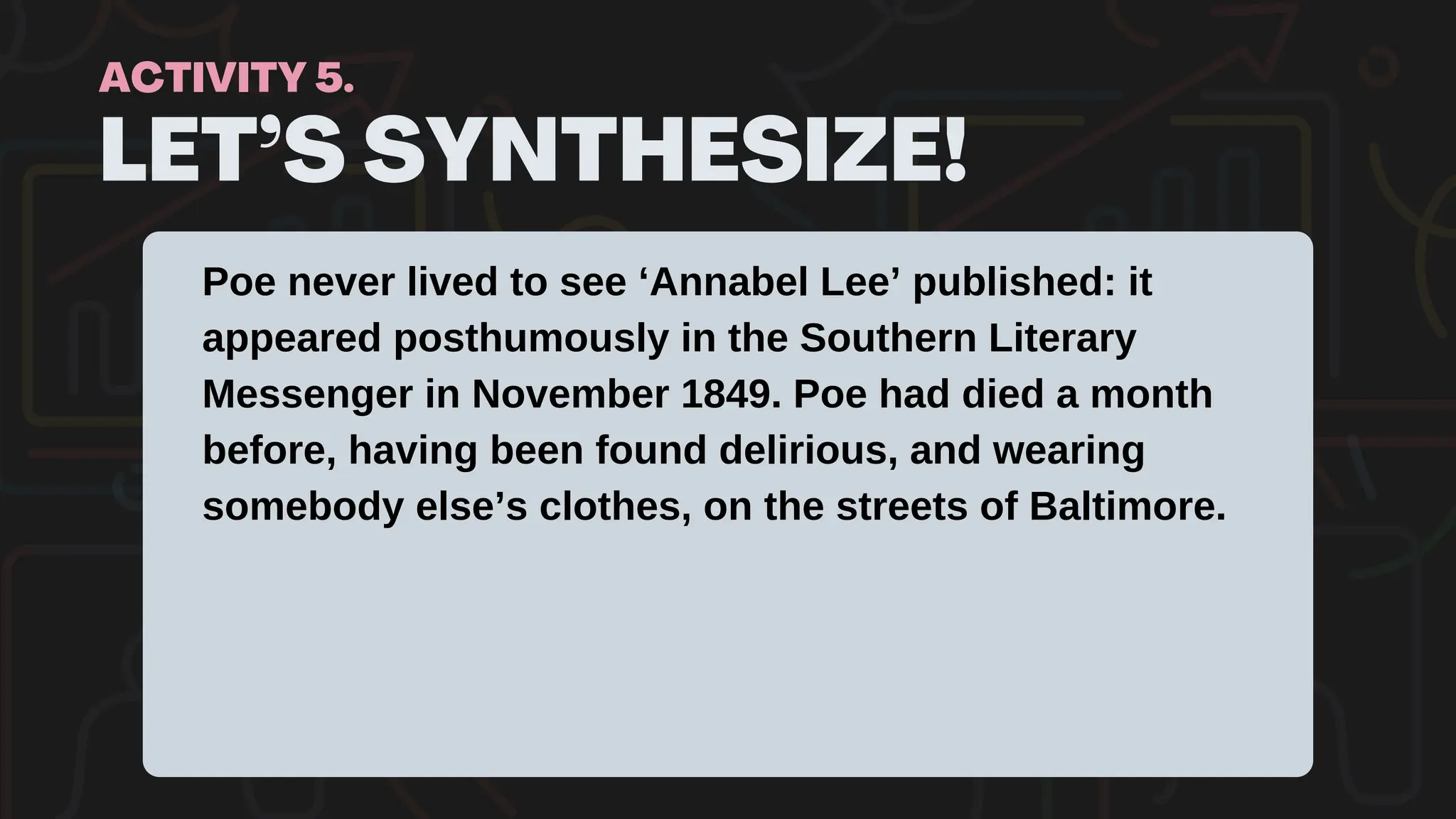 LET’S SYNTHESIZE!
ACTIVITY 5.
Poe never lived to see ‘Annabel Lee’ published: it
appeared posthumously in the Southern Literary
Messenger in November 1849. Poe had died a month
before, having been found delirious, and wearing
somebody else’s clothes, on the streets of Baltimore.
 