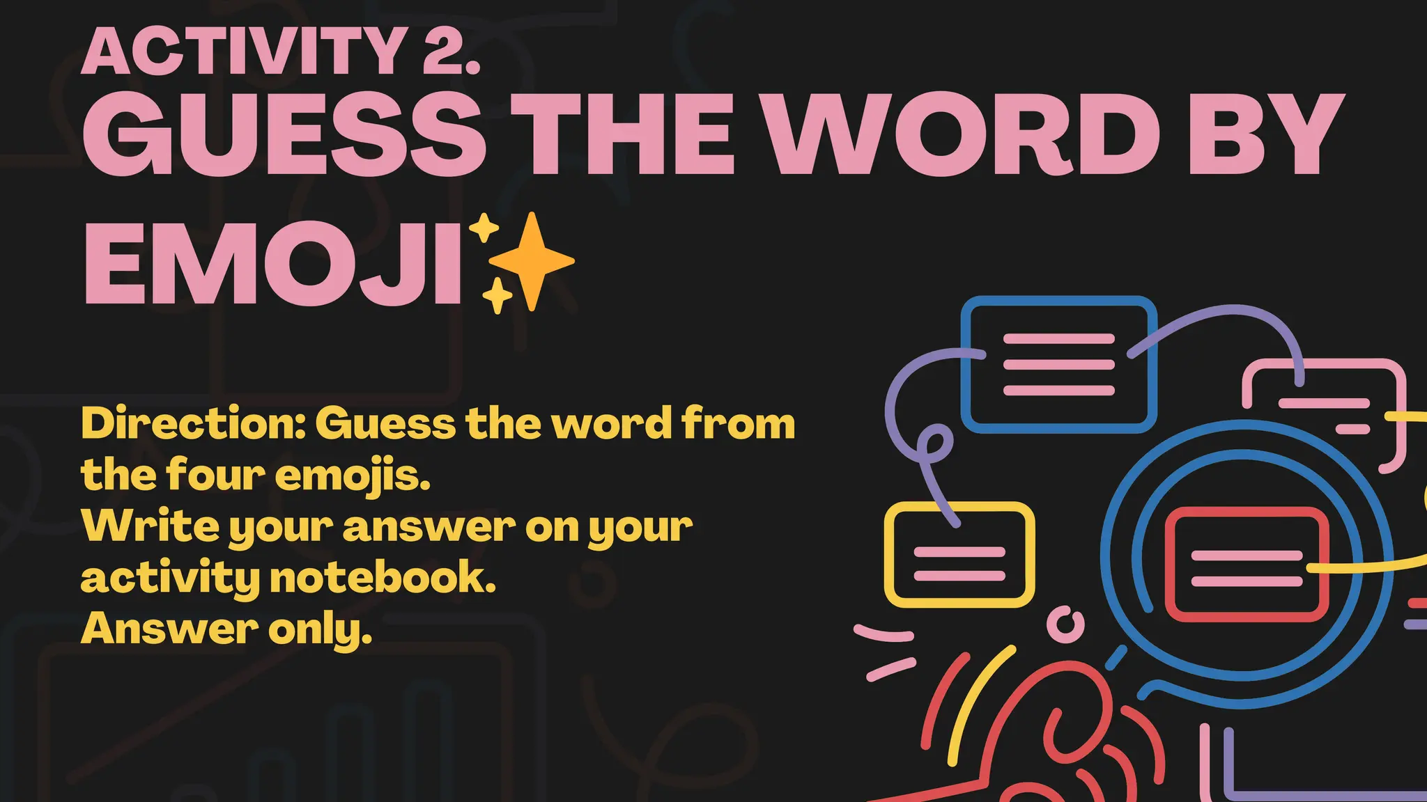 GUESS THE WORD BY
EMOJI✨
Direction: Guess the word from
the four emojis.
Write your answer on your
activity notebook.
Answer only.
ACTIVITY 2.
 
