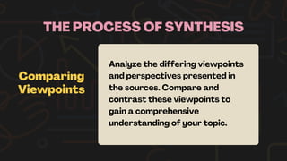THE PROCESS OF SYNTHESIS
Comparing
Viewpoints
Analyze the differing viewpoints
and perspectives presented in
the sources. Compare and
contrast these viewpoints to
gain a comprehensive
understanding of your topic.
 