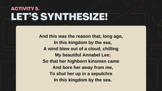 LET’S SYNTHESIZE!
ACTIVITY 5.
And this was the reason that, long ago,
In this kingdom by the sea,
A wind blew out of a cloud, chilling
My beautiful Annabel Lee;
So that her highborn kinsmen came
And bore her away from me,
To shut her up in a sepulchre
In this kingdom by the sea.
 