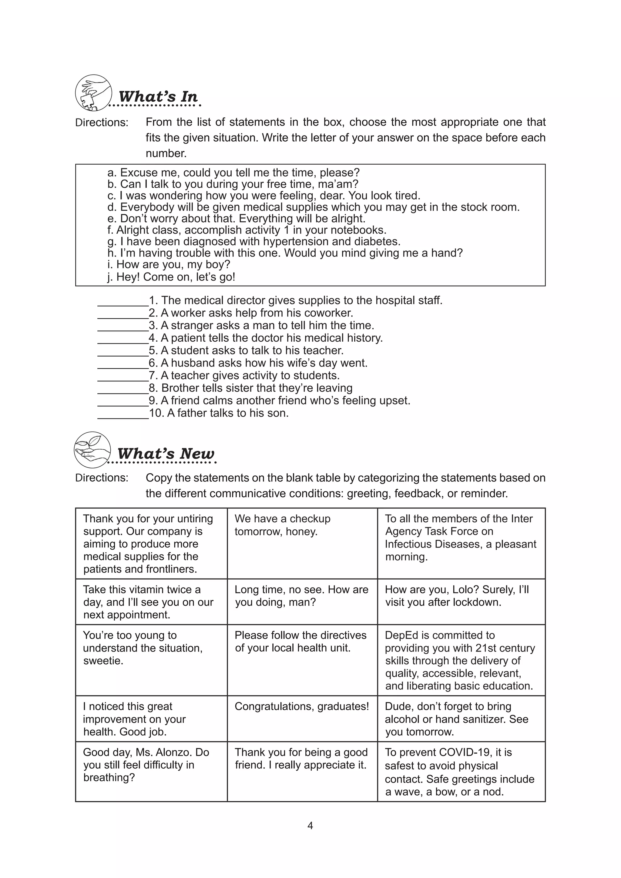 Directions:
________1. The medical director gives supplies to the hospital staff.
________2. A worker asks help from his coworker.
________3. A stranger asks a man to tell him the time.
________4. A patient tells the doctor his medical history.
________5. A student asks to talk to his teacher.
________6. A husband asks how his wife’s day went.
________7. A teacher gives activity to students.
________8. Brother tells sister that they’re leaving
________9. A friend calms another friend who’s feeling upset.
________10. A father talks to his son.
Directions:
What’s In
What’s In
From the list of statements in the box, choose the most appropriate one that
fits the given situation. Write the letter of your answer on the space before each
number.
What’s New
What’s New
Thank you for your untiring
support. Our company is
aiming to produce more
medical supplies for the
patients and frontliners.
We have a checkup
tomorrow, honey.
To all the members of the Inter
Agency Task Force on
Infectious Diseases, a pleasant
morning.
Take this vitamin twice a
day, and I’ll see you on our
next appointment.
Long time, no see. How are
you doing, man?
How are you, Lolo? Surely, I’ll
visit you after lockdown.
You’re too young to
understand the situation,
sweetie.
Please follow the directives
of your local health unit.
DepEd is committed to
providing you with 21st century
skills through the delivery of
quality, accessible, relevant,
and liberating basic education.
I noticed this great
improvement on your
health. Good job.
Congratulations, graduates! Dude, don’t forget to bring
alcohol or hand sanitizer. See
you tomorrow.
Good day, Ms. Alonzo. Do
you still feel difficulty in
breathing?
Thank you for being a good
friend. I really appreciate it.
To prevent COVID-19, it is
safest to avoid physical
contact. Safe greetings include
a wave, a bow, or a nod.
Copy the statements on the blank table by categorizing the statements based on
the different communicative conditions: greeting, feedback, or reminder.
a. Excuse me, could you tell me the time, please?
		 b. Can I talk to you during your free time, ma’am?
		 c. I was wondering how you were feeling, dear. You look tired.
		 d. Everybody will be given medical supplies which you may get in the stock room.
		 e. Don’t worry about that. Everything will be alright.
		 f. Alright class, accomplish activity 1 in your notebooks.
		 g. I have been diagnosed with hypertension and diabetes.
h. I’m having trouble with this one. Would you mind giving me a hand?
		 i. How are you, my boy?
		 j. Hey! Come on, let’s go!
4
4
 