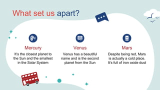 What set us apart?
It’s the closest planet to
the Sun and the smallest
in the Solar System
Mercury
Despite being red, Mars
is actually a cold place.
It’s full of iron oxide dust
Mars
Venus has a beautiful
name and is the second
planet from the Sun
Venus
 