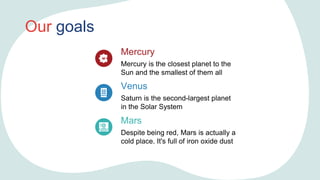 Mercury is the closest planet to the
Sun and the smallest of them all
Mercury
Saturn is the second-largest planet
in the Solar System
Venus
Despite being red, Mars is actually a
cold place. It's full of iron oxide dust
Mars
Our goals
 