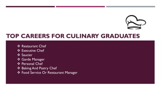  Restaurant Chef
 Executive Chef
 Saucier
 Garde Manager
 Personal Chef
 Baking And Pastry Chef
 Food Service Or Restaurant Manager
TOP CAREERS FOR CULINARY GRADUATES
 