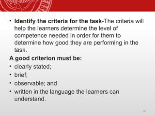 36
• Identify the criteria for the task-The criteria will
help the learners determine the level of
competence needed in order for them to
determine how good they are performing in the
task.
A good criterion must be:
• clearly stated;
• brief;
• observable; and
• written in the language the learners can
understand.
 