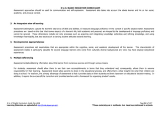 K to 12 BASIC EDUCATION CURRICULUM
K to 12 English Curriculum Guide May 2016 Page 14 of 247
Learning Materials are uploaded at http://lrmds.deped.gov.ph/. *These materials are in textbooks that have been delivered to schools.
Assessment approaches should be used for communication and self-expression. Assessment also takes into account the whole learner and his or her social,
academic, and physical context.
3. An integrative view of learning
Assessment attempts to capture the learner’s total array of skills and abilities. It measures language proficiency in the context of specific subject matter. Assessment
procedures are based on the idea that various aspects of a learner’s life, both academic and personal, are integral to the development of language proficiency and
cannot be ignored. These dimensions include not only processes such as acquiring and integrating knowledge, extending and refining knowledge, and using
knowledge meaningfully, but also issues such as varying student attitudes towards learning.
4. Developmental appropriateness
Assessment procedures set expectations that are appropriate within the cognitive, social, and academic development of the learner. This characteristic of
assessment makes it particularly valuable for second language learners who come from culturally diverse backgrounds and who may have atypical educational
experiences.
5. Multiple referencing
Assessment entails obtaining information about the learner from numerous sources and through various means.
For students, assessment should allow them to see their own accomplishments in terms that they understand and, consequently, allows them to assume
responsibility for their learning. Assessment should allow parents to share in the educational process, and offers them a clear insight into what their children are
doing in school. For teachers, the primary advantage of assessment is that it provides data on their students and their classroom for educational decision-making. In
addition, it reports the success of the curriculum and provides teachers with a framework for organizing student’s works.
 