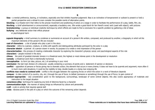 K to 12 BASIC EDUCATION CURRICULUM
K to 12 English Curriculum Guide May 2016 Page 239 of 247
Learning Materials are uploaded at http://lrmds.deped.gov.ph/. *These materials are in textbooks that have been delivered to schools.
B
bias – a mental preference, leaning, or inclination, especially one that inhibits impartial judgement. Bias is an inclination of temperament or outlook to present or hold a
partial perspective and a refusal to even consider the possible merits of alternative points.
blocking - is a theatre term that refers to the precise movement and positioning of actors on a stage in order to facilitate the performance of a play, ballet, film, etc.
blurbing - a brief advertisement or announcement, especially a laudatory one; She wrote a good blurb for her friend's novel; verb (used with object); with pictures
brainstorming - a group or individual creativity technique by which efforts are made to find a conclusion for a specific problem by gathering a list of ideas
bullying - any deliberate action that inflicts physical
or psychological harm
C
capsule biography- a brief summary to condense or summarize an account of a person’s life written, composed, and produced by another; a biography in which all the
important elements of the person's life are included
cast of characters - a list of people who play a part in the story
character - refers to a person, creature, or entity with specific and distinguishing attributes portrayed by the actor in a play
character sketch - a portrait of a person drawn in words; its purpose is to create a vivid impression of the person
characterization - the process of creating a believable character by exploring the character's physical, social, and psychological aspects of the role
characters – people involved in the story
climax- the point of greatest dramatic tension in a theatrical work; the highest or most intense point in the development or resolution
comedy - a theatrical work that is intentionally humorous
conceptualize - to form (an idea, picture, etc.) of something in your mind
conclusion- the last main division of a discourse usually containing a summary of points and a statement of opinion or decisions
conflict - opposition of persons or forces giving rise to dramatic action; the element that occurs in every drama; it does not have to be quarrels and argument; more often it
is much more calm situations; it could be the inability to help, double loyalty or a dying man enjoying life
conflicts man needs to contend with - conflict is the struggle between the opposing forces on which the action in a work of literature depends
conquer - to take control of (a country, city, etc.) through the use of force; to defeat (someone or something) through the use of force; to gain control of
context–appropriate - due consideration given to the background, surroundings, landscape of some central objects; this also covers appropriacy of materials and
instruction to the target situation
conscience alley- technique for exploring any kind of dilemma faced by a character
communication style - the manner of saying things as influenced by culture and personality
craft - a job or activity that requires special skill
crisis - decisive point in the plot of a play on which the outcome of the remaining action depends
 