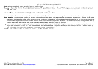 K to 12 BASIC EDUCATION CURRICULUM
K to 12 English Curriculum Guide May 2016 Page 245 of 247
Learning Materials are uploaded at http://lrmds.deped.gov.ph/. *These materials are in textbooks that have been delivered to schools.
tone - is the writer's attitude toward the subject he or she is writing about
tragedy - a play in which the main character(s) suffers a major downfall; a play that demonstrates a character’s fall from grace, power, position, or moral standing through
their own actions
U
universe of text – the realm in which something (words in a written work) exists or takes place.
V
video - is an extremely dense medium, one which incorporates a wide variety of visual elements and a great range of audio experiences in addition to spoken language.
video materials – usually provide guidance for teachers; the most sophisticated part of these are usually part of multimedia package that, in addition to the videos
themselves, includes viewing guides, student textbooks, teacher manuals and audiocassettes; in contexts geared to students’ interest and are accompanied by students
workbooks featuring a variety of viewing activities; teachers need to lead students to an appreciation of video as a valuable tool for language learning and help them to
develop viewing skills which they can apply to their video and television viewing experience outside the classroom.
vignette - a short literary sketch chiefly descriptive and characterized usually by delicacy, wit and subtlety; a short, well written sketch or descriptive scene; it does not have
a plot which would make it a story, but it does reveal something about the elements in it; it may reveal character, or mood or tone; it may have a theme or idea of its
own that it wants to convey; it is the description of the scene or character that is important
verbal - a verb form that functions in a sentence as a noun or a modifier rather than as a verb
 