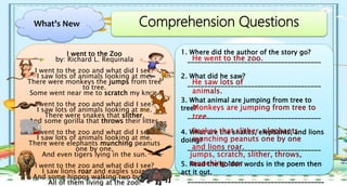 What’s New Comprehension Questions
1. Where did the author of the story go?
________________________________________
2. What did he saw?
________________________________________
3. What animal are jumping from tree to
tree?
________________________________________
4. What are the snakes, elephants, and lions
doing?
________________________________________
5. Read the bolden words in the poem then
act it out.
_________________________________________
I went to the Zoo
by: Richard L. Requinala
I went to the zoo and what did I see?
I saw lots of animals looking at me.
There were monkeys the jumps from tree
to tree.
Some went near me to scratch my knee.
I went to the zoo and what did I see?
I saw lots of animals looking at me.
There were snakes that slither.
And some gorilla that throws their litter.
I went to the zoo and what did I see?
I saw lots of animals looking at me.
There were elephants munching peanuts
one by one,
And even tigers lying in the sun.
I went to the zoo and what did I see?
I saw lions roar and eagles soar.
And some hippos walking two by two,
All of them living at the zoo!
 