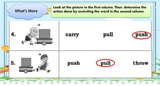What’s More
Look at the picture in the first column. Then, determine the
action done by encircling the word in the second column.
 
