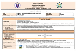 RepublicofthePhilippines
DepartmentofEducation
REGION IV-A CALABARZON
SCHOOLS DIVISION OF BATANGAS
ANANIAS C. HERNANDEZ MEMORIAL NATIONAL HIGH SCHOOL
ARUMAHAN, LEMERY, BATANGAS
D A I L Y L E S S O N L O G
School Year 2022 – 2023
September 1, 2022/WEDNESDAY
7:15-8:15 PURITY
10:45-11:45 HUMILITY
I. OBJECTIVES
1.Determine the types of context clues;
2.Differentiate the types of context clues; and
3.Identify the meaning of unfamiliar words using context clues
A. Content Standard
The learner demonstrates understanding of: African literature as a means of exploring forces that human beings contend with; various reading styles vis – à-vis
purposes of reading; prosodic features that serve as carriers of meaning; ways by which information may be organized, related, and delivered orally; and parallel
structures and cohesive devices in presenting information.
B. Performance Standard The learner transfers learning by composing and delivering a persuasive speech based on a specific topic of interest keeping in mind the proper and effective use
of parallel structures and cohesive devices and appropriate prosodic features, stance, and behavior.
C. Most Essential
Learning Competencies
Determine the meaning of words and expressions that reflect the local culture by noting context clues
D. Enabling Competency/ies Use context clues from the material viewed to determine the meaning of unfamiliar words or expressions
II. CONTENT TYPES OF CONTEXT CLUES
III. LEARNING
RESOURCES
A. References
1. Teacher’s Guide page/s n/a
2. Learner’s Materials page/s n/a
3. Textbookpage/s PIVOT Learning materials page 6-11
4. Additional Materials n/a
B. Other Learning Resources n/a
IV. PROCEDURE
A. Reviewing previous lesson 1. What are Context Clues?
-Context clues are important words or phrases in a sentence that helps in identifying the meaning of difficult word or items in a sentence.
-They provide further information about a word or phrase that helps the reader understand its meaning.
B. Establishing a purpose for the
lesson
 Good readers use context clues to help them understand the meaning of an unfamiliar and challenging word. For example, a reader might use the
meaning of other words in a sentence or a picture on the page to help them learn the meaning of the unknown word.
 So often, students are told to figure out what a word means based on its word parts or on surrounding context clues, but if they don't have the
understanding of what a context clue is, that is a difficult task.
C. Presenting examples/
instances of the new
lesson
 The students will give their sentence according to this picture, using context clues.
 Their sentence may be, “It was an idyllic day; sunny, warm, and perfect for a walk in the park.”
 Then the teacher will discuss the structures and the composition of the sentence with regards to context clues and its types.
School ANANIAS C. HERNANDEZ MEMORIAL NATIONAL HIGH SCHOOL Grade Level 8
Teacher CAMILLE A. ANDAL Learning Area ENGLISH
Teaching Dates and Time September 1, 2022 Quarter FIRST
 