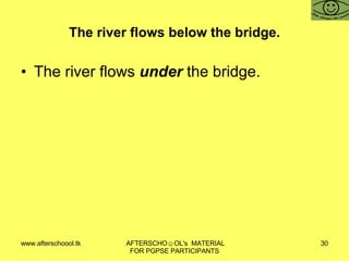 The river flows below the bridge. The river flows  under  the bridge. 