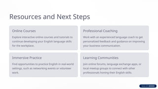 Resources and Next Steps
Online Courses
Explore interactive online courses and tutorials to
continue developing your English language skills
for the workplace.
Professional Coaching
Work with an experienced language coach to get
personalized feedback and guidance on improving
your business communication.
Immersive Practice
Find opportunities to practice English in real-world
settings, such as networking events or volunteer
work.
Learning Communities
Join online forums, language exchange apps, or
local meetup groups to connect with other
professionals honing their English skills.
 