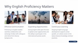 Why English Proficiency Matters
Effective Communication
Proficiency in English enables
seamless collaboration and
exchange of ideas with colleagues
and clients from diverse
backgrounds.
Expanding Opportunities
Strong English skills open the door
to global career opportunities and
the ability to participate in the
international business world.
Continuous Learning
Ongoing English language
development supports career
growth, as it allows access to the
latest industry knowledge and best
practices.
 