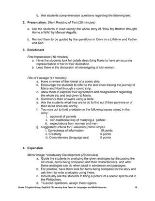 b. Ask students comprehension questions regarding the listening text.

    2. Presentation: Silent Reading of Text (20 minutes)

         a. Ask the students to read silently the whole story of ―How My Brother Brought
            Home a Wife‖ by Manuel Arguilla.

         b. Remind them to be guided by the questions in Once in a Lifetime and Father
            and Son.

    3. Enrichment

         First Impressions (15 minutes)
             a. Have the students look for details describing Maria to have an accurate
                 representation of her in their illustration.
             b. Lead them in the discussion of stereotyping of city women.


         Rite of Passage (15 minutes)
                a. Have a review of the format of a comic strip.
                b. Encourage the students to refer to the text when tracing the journey of
                   Maria and Noel through a comic strip.
                c. Allow them to express their agreement and disagreement regarding
                   the whole trip and test given to Maria.
                d. Summarize their answers using a table.
                e. Ask the students what they are to do to find out if their partners or of
                   their loved ones are worthy.
                f. You may opt to hold a debate on the following issues raised in the
                   story:
                        i. approval of parents
                       ii. non-traditional way of marrying a partner
                      iii. expectations from women and men
                g. Suggested Criteria for Evaluation (comic strips):
                       i. Correctness of information            10 points
                       ii. Creativity                           5 points
                       iii. Concreteness (language use)         5 points


    4. Expansion

         Mirror Image: Vocabulary Development (20 minutes)
                a. Guide the students in analyzing the given analogies by discussing the
                   structure, items being compared and their characteristics, and what
                   these analogies can do when used in sentences and passages.
                b. For practice, have them look for items being compared in the story and
                   ask them to write analogies using these.
                c. Individually ask the students to bring a picture of a scenic spot found in
                   the Philippines.
                d. To avoid repetitions, assign them regions.
Grade 7 English Group, DepEd K-12 Learning Area Team for Languages and Multi-literacies    14
 
