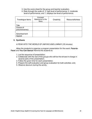 3. Use the score sheet for the group and teacher evaluation.
                  4. Rate through the scale of: 3, high level of performance; 2, moderate
                     level of performance; and 1, displays low level of performance.

                                          Concept/
          Travelogue Items             Relevance to the              Creativity           Resourcefulness
                                            Story

         Title
         Choice of
         picture/scenery

         Advertisement
         Appeal

    5. Synthesis

         A PEAK INTO THE WORLD OF AWIYAO AND LUMNAY (35 minutes)

      Allow the students to organize a program presentation for the event: Face-to-
Face! and You Can Dance! Remind the students to:

         1. List the sequence of presentation;
         2. Collaborate with the rest of the groups who will be the emcee-in-charge in
            several parts of the presentation;
         3. Follow the given time for each presentation;
         4. Prepare the self-evaluation and group evaluation for both activities; and,
         5. Observe decorum during the acivity.




Grade 7 English Group, DepEd K-12 Learning Area Team for Languages and Multi-literacies                 22
 