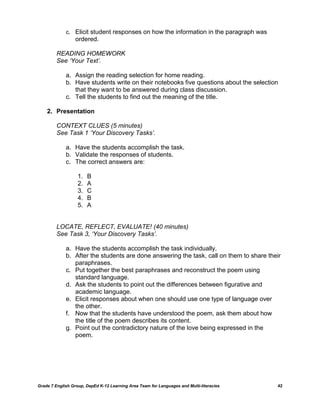 c. Elicit student responses on how the information in the paragraph was
                  ordered.

         READING HOMEWORK
         See ‘Your Text’.

             a. Assign the reading selection for home reading.
             b. Have students write on their notebooks five questions about the selection
                that they want to be answered during class discussion.
             c. Tell the students to find out the meaning of the title.

    2. Presentation

         CONTEXT CLUES (5 minutes)
         See Task 1 ‘Your Discovery Tasks’.

             a. Have the students accomplish the task.
             b. Validate the responses of students.
             c. The correct answers are:

                   1.   B
                   2.   A
                   3.   C
                   4.   B
                   5.   A


         LOCATE, REFLECT, EVALUATE! (40 minutes)
         See Task 3, ‘Your Discovery Tasks’.

             a. Have the students accomplish the task individually.
             b. After the students are done answering the task, call on them to share their
                paraphrases.
             c. Put together the best paraphrases and reconstruct the poem using
                standard language.
             d. Ask the students to point out the differences between figurative and
                academic language.
             e. Elicit responses about when one should use one type of language over
                the other.
             f. Now that the students have understood the poem, ask them about how
                the title of the poem describes its content.
             g. Point out the contradictory nature of the love being expressed in the
                poem.




Grade 7 English Group, DepEd K-12 Learning Area Team for Languages and Multi-literacies   42
 