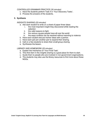 CONTROLLED GRAMMAR PRACTICE (30 minutes)
           c. Have the students perform Task 4 in ‗Your Discovery Tasks‘.
           d. Process the answers of the students.

    5. Synthesis

         INSIGHTS SHARING (20 minutes)
            a. Ask each student to write on a sheet of paper three ideas:
                  i.  the most important insight they discovered while reading the
                      selection
                 ii.  the valid reasons to fight
                iii.  the various causes people have all over the world
                iv.   the ways conflicts can be resolved without resorting to violence
            b. Have each student discuss his/her ideas with a partner.
            c. Have each pair join another pair to expand their sharing.
            d. Call on a few students to share their small group sharing.
            e. Synthesize the lesson.

         LIBRARY AND HOMEWORK (20 minutes)
            a. Explain the mechanics of ‗Your Final Task‘.
            b. This third item in the insights sharing is a good place for them to start.
            c. Guide them to people who are involved in non-government organizations.
            d. The students may also use the library resources to find more about these
               NGOs.




Grade 7 English Group, DepEd K-12 Learning Area Team for Languages and Multi-literacies   49
 