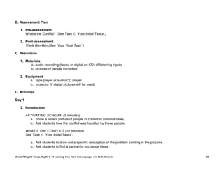 B. Assessment Plan

    1. Pre-assessment
       What‟s the Conflict? (See Task 1, „Your Initial Tasks‟.)

    2. Post-assessment
       Think Win-Win (See „Your Final Task‟.)

C. Resources

    1. Materials
          a. audio recording (taped or digital on CD) of listening inputs
          b. pictures of people in conflict

    2. Equipment
         a. tape player or audio CD player
         b. projector (if digital pictures will be used)

D. Activities

Day 1

    3. Introduction

         ACTIVATING SCHEMA (5 minutes)
           a. Show a recent picture of people in conflict in national news.
           b. Ask students how the conflict was handled by these people.

         WHAT‟S THE CONFLICT (10 minutes)
         See Task 1, „Your Initial Tasks‟.

             a. Ask students to draw out a specific description of the problem existing in the pictures.
             b. Ask students to find a partner to exchange ideas.


Grade 7 English Group, DepEd K-12 Learning Area Team for Languages and Multi-literacies                    20
 