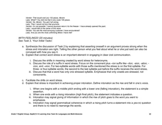 Vendor: That would cost you 120 pesos, Ma‟am.
                  Lady: What?! You told me that it only costs 100 pesos.
                  Vendor: No, Ma‟am. You got it all wrong.
                  Lady: Then I would not buy that anymore.
                  Vendor: It‟s not possible. I cannot anymore return it to the freezer. I have already opened the pack.
                  Lady: I would talk to the owner of this store.
                  Vendor: You are the most annoying customer I have encountered!
                  Lady: And you are the most unthinking fellow I have met!

         WITH FEELINGS! (20 minutes)
         See Task 3, „Your Initial Tasks‟.

             a. Synthesize the discussion of Task 2 by explaining that asserting oneself in an argument proves strong when the
                stress and intonation are right. Telling the other person what you feel about what he or she just said can also be
                conveyed with how you say it.
             b. Explain that correct word stress is an important element in engaging in clear oral communication.

                        i. Discuss the shifts in meaning created by word stress for heteronyms.
                       ii. Discuss the role of a suffix in word stress. Focus on the consonant plus –ion suffix like –tion, -sion, -ation, -
                           cion, and –xion. For two-syllable words with those suffix mentioned the stress is on the first syllable. For
                           three- or four-syllable words, the second to the last syllable just before the suffix receives the word stress.
                      iii. Discuss that that a word has only one stressed syllable. Emphasize that only vowels are stressed, not
                           consonants.

             c. Facilitate the drills on word stress.
             d. Explain that stress is important in achieving proper intonation. Define intonation as the rise and fall in one‟s voice.

                       i. When one begins with a middle pitch ending with a lower one (falling intonation), the statement is a simple
                          assertion.
                      ii. When one ends with a rising intonation (high final pitch), the statement indicates a question.
                     iii. Intonation may signal giving of information in which the rise of pitch goes to the word you want to
                          emphasize.
                     iv. Intonation may signal grammatical coherence in which a rising pitch turns a statement into a yes-no question
                          and there is no need to rearrange the words.


Grade 7 English Group, DepEd K-12 Learning Area Team for Languages and Multi-literacies                                                        22
 