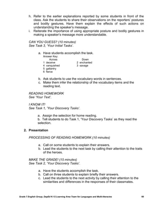 h. Refer to the earlier explanations reported by some students in front of the
            class. Ask the students to share their observations on the reporters‟ postures
            and bodily gestures. Have them explain the effects of such actions on
            understanding the speaker‟s message.
         i. Reiterate the importance of using appropriate posture and bodily gestures in
            making a speaker‟s message more understandable.

         CAN YOU GUESS? (10 minutes)
         See Task 3, „Your Initial Tasks‟.

                  a. Have students accomplish the task.
                      Answer Key:
                           Across                         Down
                      1 deceive                       2 enchanted
                      4 vanquished                    3 savage
                      5 gallantry
                      6 fierce

                  b. Ask students to use the vocabulary words in sentences.
                  c. Make them infer the relationship of the vocabulary items and the
                     reading text.

         READING HOMEWORK
         See „Your Text‟.

         I KNOW IT!
         See Task 1, „Your Discovery Tasks‟.

                 a. Assign the selection for home reading.
                 b. Tell students to do Task 1, „Your Discovery Tasks‟ as they read the
                 selection.

    2. Presentation

         PROCESSING OF READING HOMEWORK (10 minutes)

                  a. Call on some students to explain their answers.
                  b. Lead the students to the next task by calling their attention to the traits
                     of the heroes.

         MAKE THE GRADE! (15 minutes)
         See Task 2, „Your Discovery Tasks‟.

                  a. Have the students accomplish the task.
                  b. Call on three students to explain briefly their answers.
                  c. Lead the students to the next activity by calling their attention to the
                     similarities and differences in the responses of their classmates.



Grade 7 English Group, DepEd K-12 Learning Area Team for Languages and Multi-literacies         60
 
